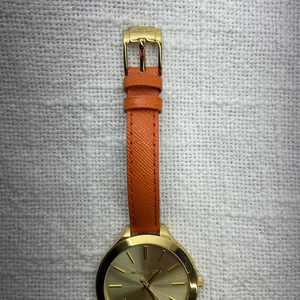 Michael Kors MK2275 Slim Runway Gold-tone Orange Leather Strap Women's Watch - Picture 3 of 12